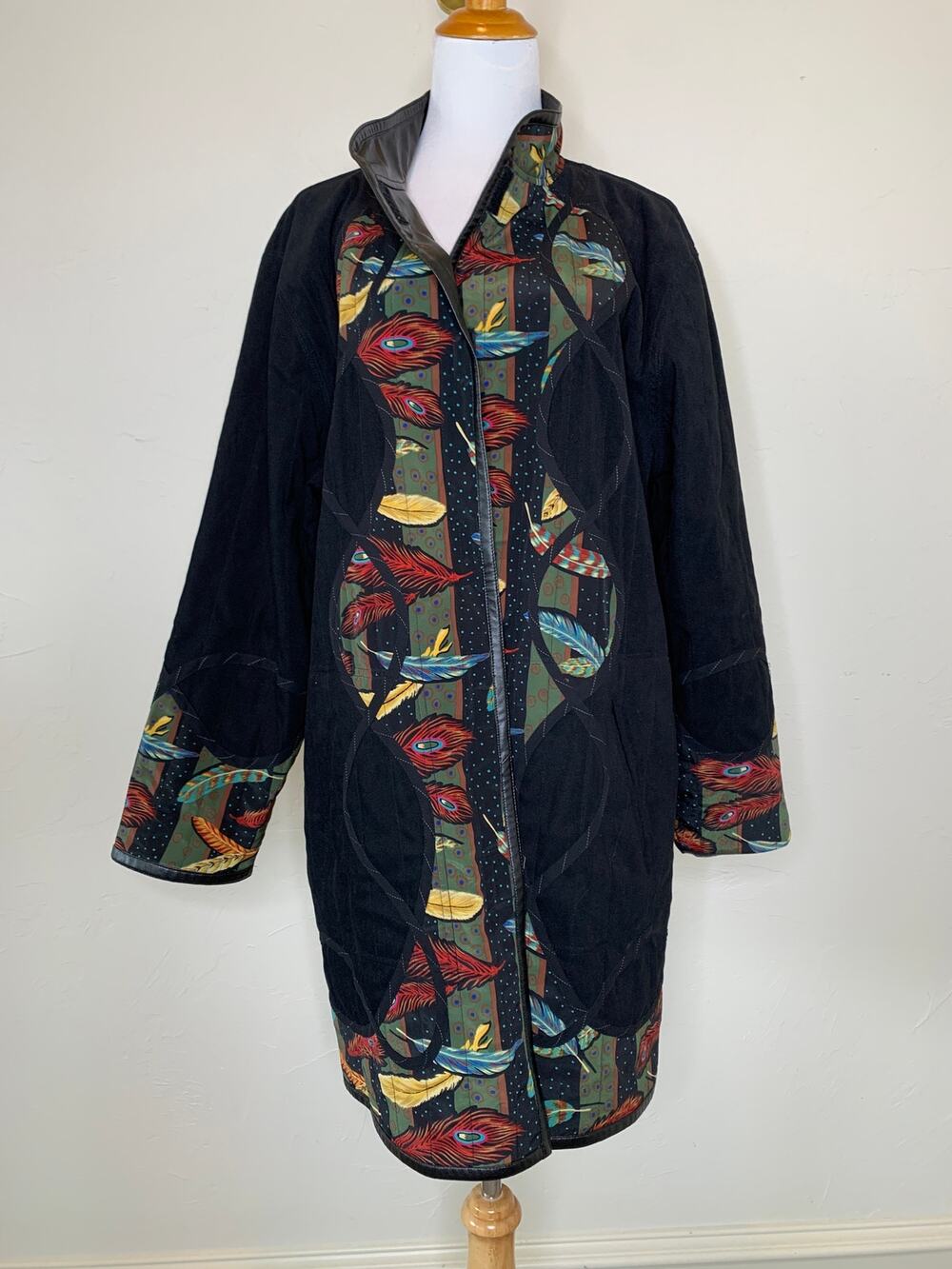 Vintage COOS Black Boho Coat Sz Large Reversible Feather Pattern